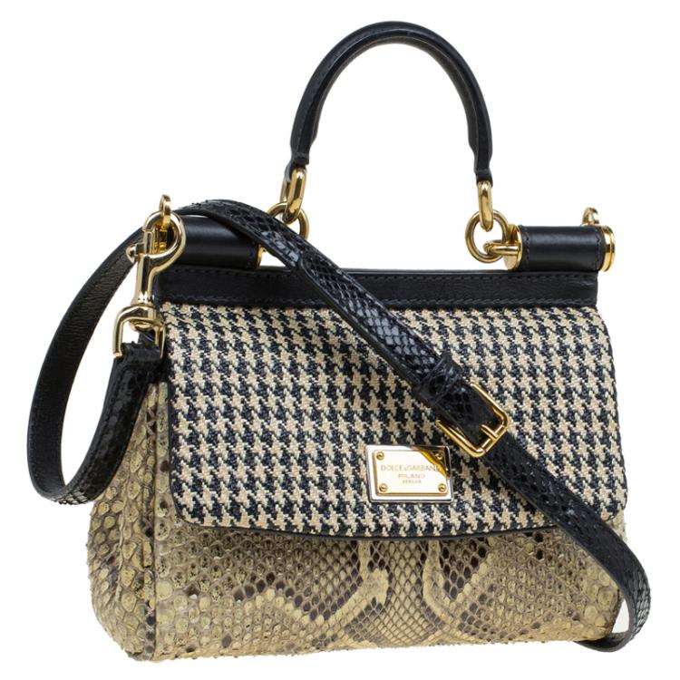 Pre Owned Dolce and Gabbana Beige Raffia and Python Small Miss Sicily Top Handle Bag