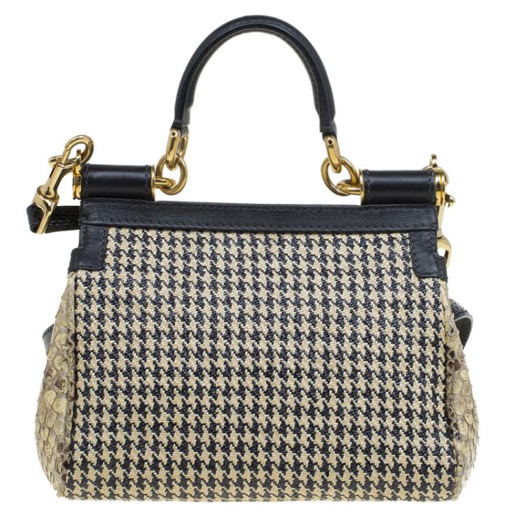 Pre Owned Dolce and Gabbana Beige Raffia and Python Small Miss Sicily Top Handle Bag
