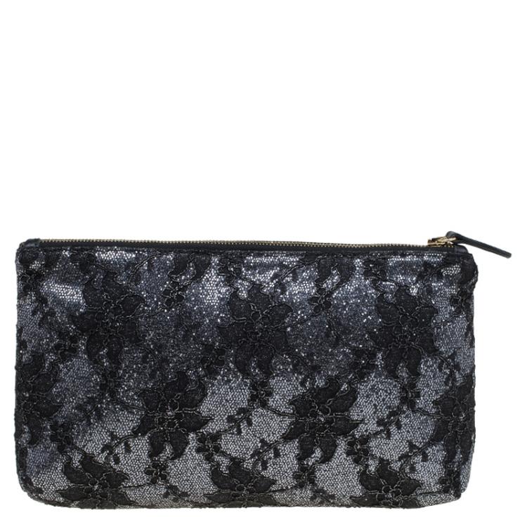 Pre Owned Dolce and Gabbana Black Floral Lace Clutch
