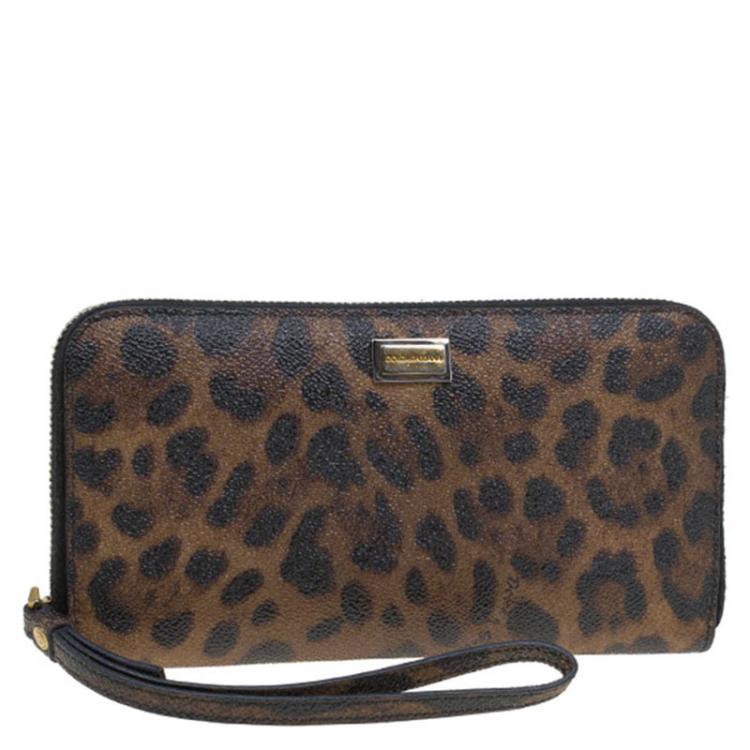 Pre Owned Dolce and Gabbana Leopard Print Leather Zip Around Continental Wallet