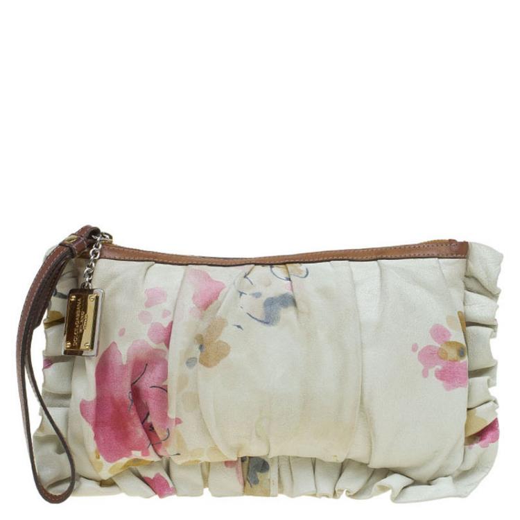 Pre Owned Dolce and Gabbana Cream Floral Print Leather Ruffle Zip Clutch