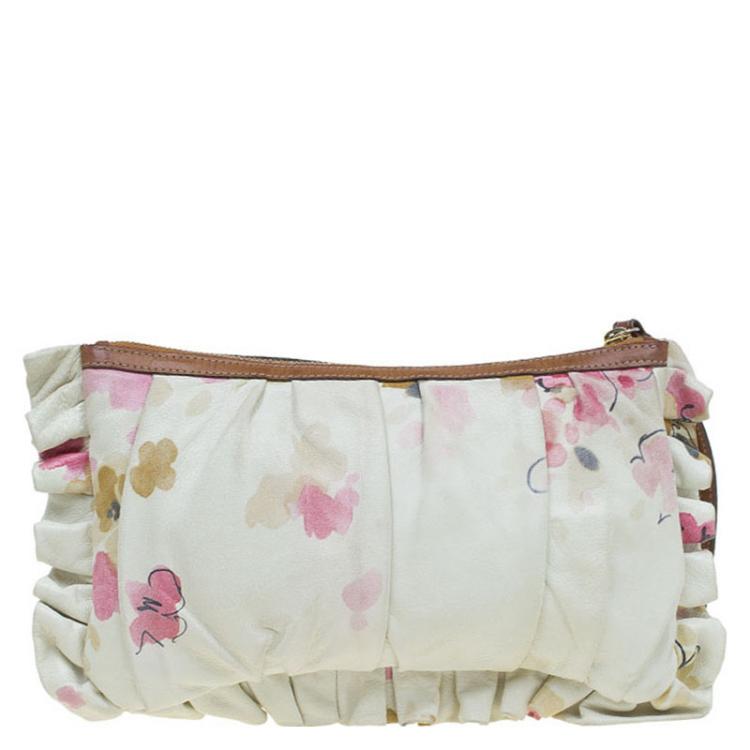 Pre Owned Dolce and Gabbana Cream Floral Print Leather Ruffle Zip Clutch