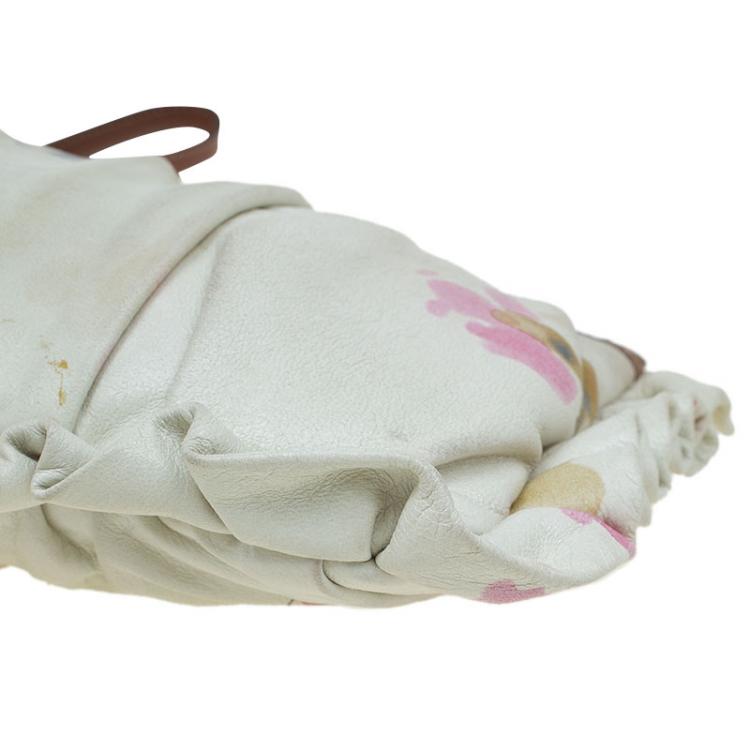 Pre Owned Dolce and Gabbana Cream Floral Print Leather Ruffle Zip Clutch