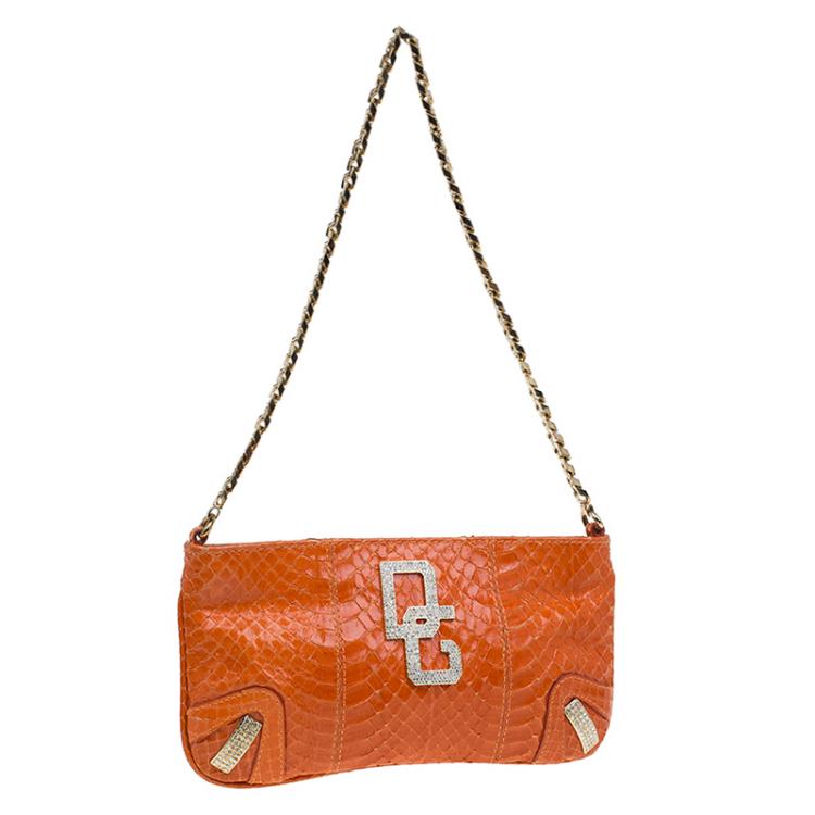 Pre Owned Dolce and Gabbana Orange Python Crystal Logo Chain Clutch