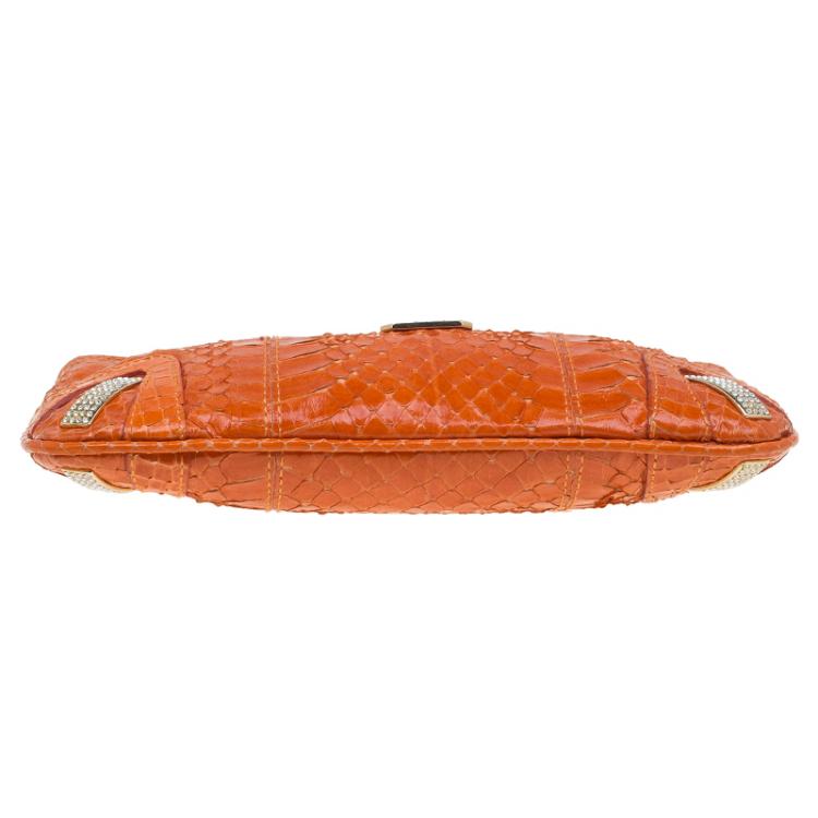 Pre Owned Dolce and Gabbana Orange Python Crystal Logo Chain Clutch