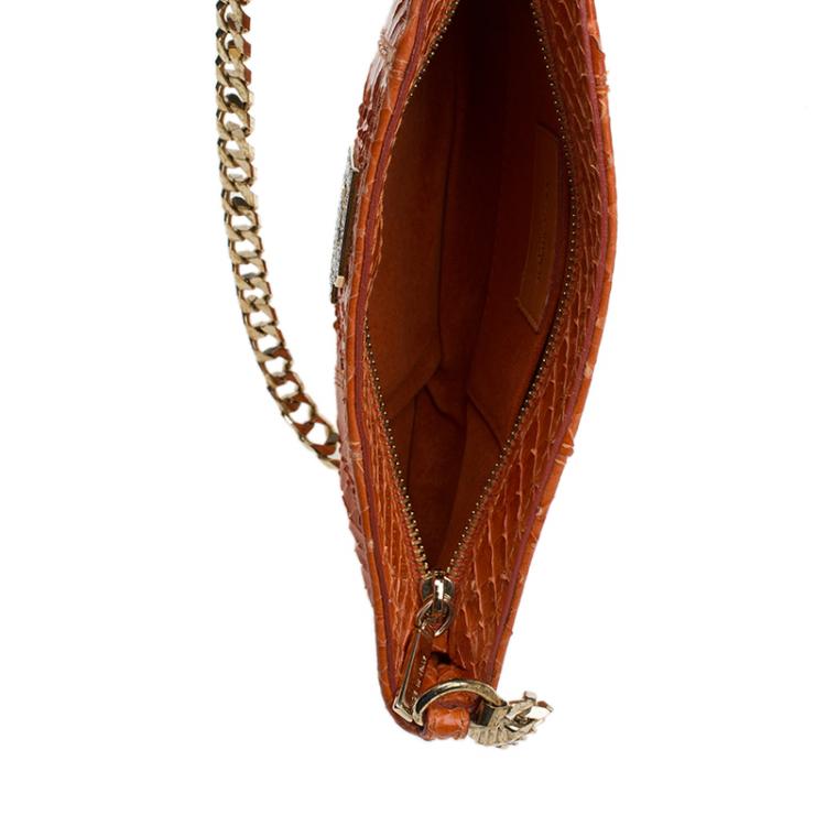 Pre Owned Dolce and Gabbana Orange Python Crystal Logo Chain Clutch