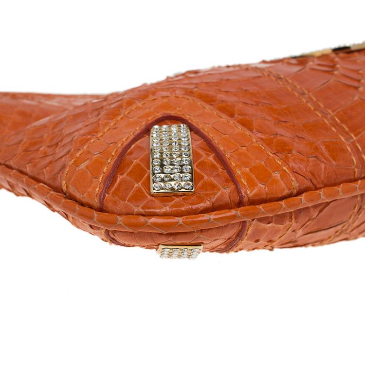 Pre Owned Dolce and Gabbana Orange Python Crystal Logo Chain Clutch