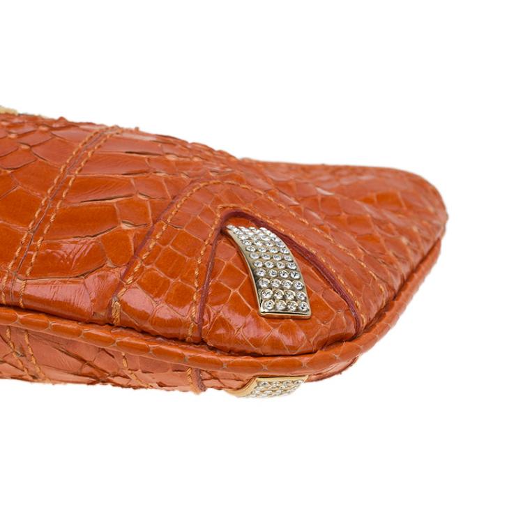 Pre Owned Dolce and Gabbana Orange Python Crystal Logo Chain Clutch