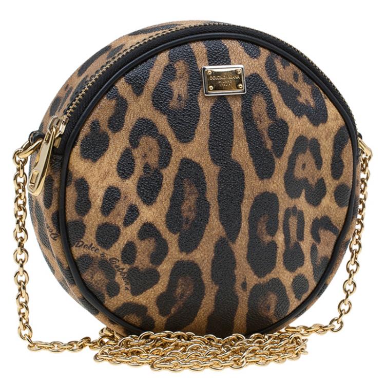 Pre Owned Dolce and Gabbana Leopard Print Canvas Glam Round Shoulder Bag