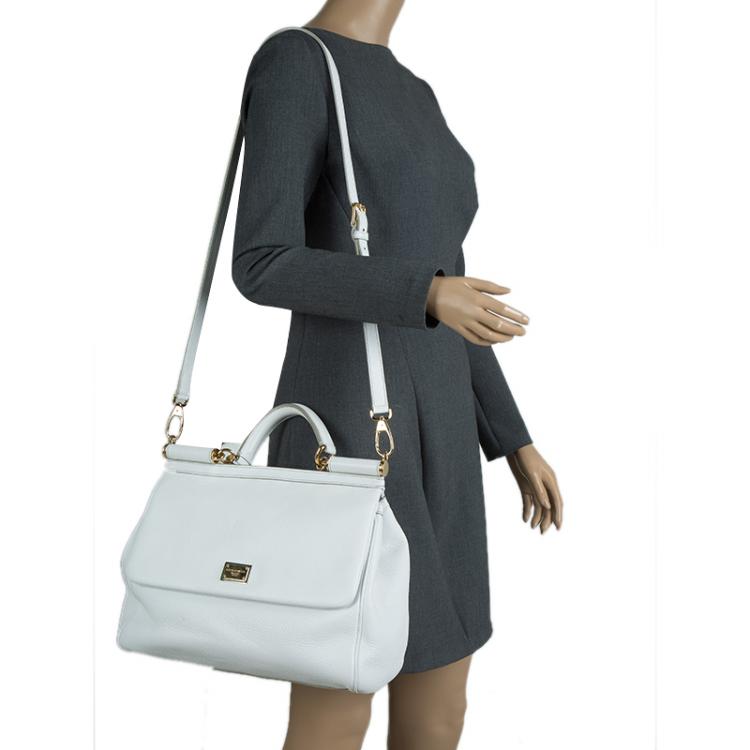 Pre Owned Dolce and Gabbana White Leather Medium Miss Sicily Top Handle Bag