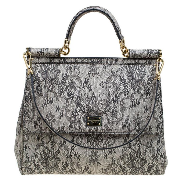 Pre Owned Dolce and Gabbana Grey Lace Print Leather Medium Miss Sicily Top Handle Bag