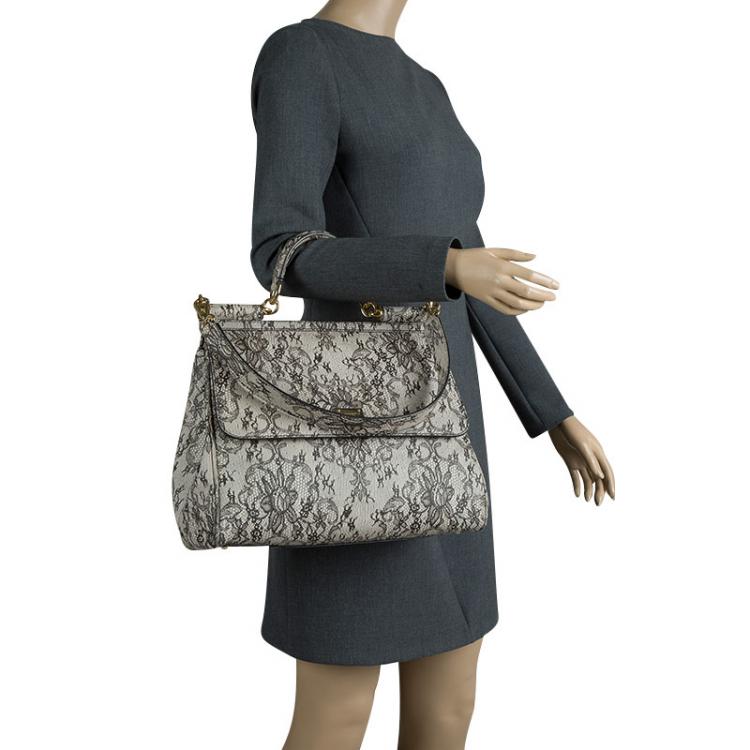 Pre Owned Dolce and Gabbana Grey Lace Print Leather Medium Miss Sicily Top Handle Bag