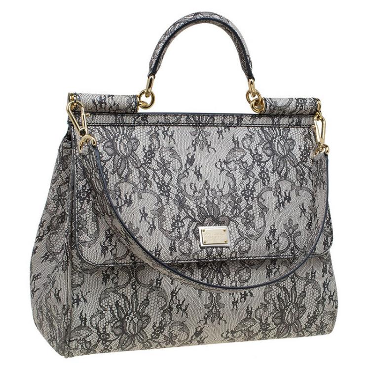 Pre Owned Dolce and Gabbana Grey Lace Print Leather Medium Miss Sicily Top Handle Bag