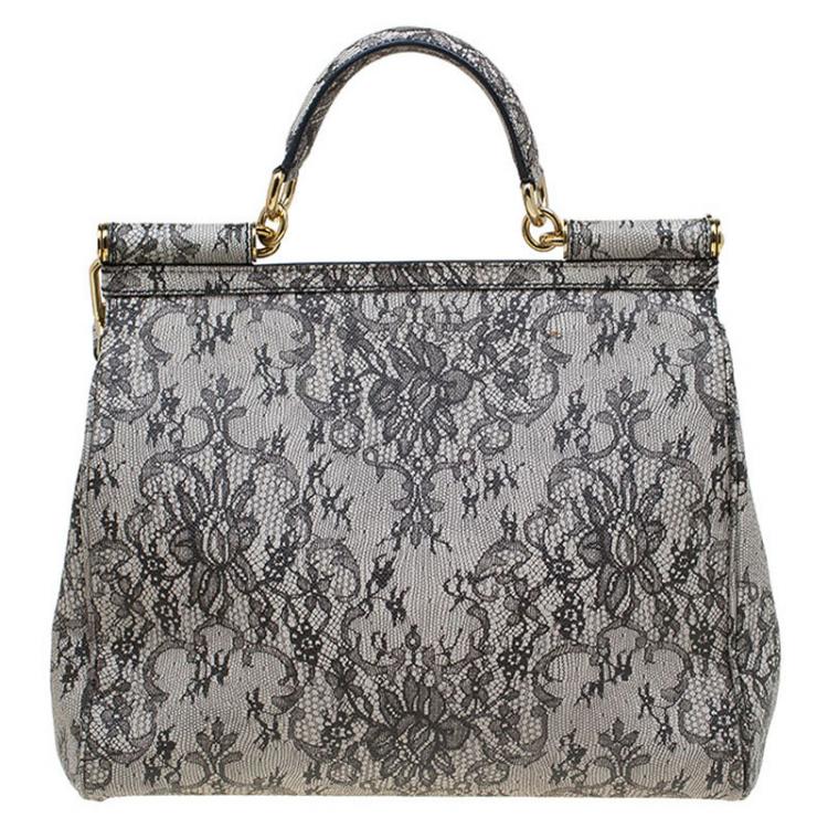Pre Owned Dolce and Gabbana Grey Lace Print Leather Medium Miss Sicily Top Handle Bag