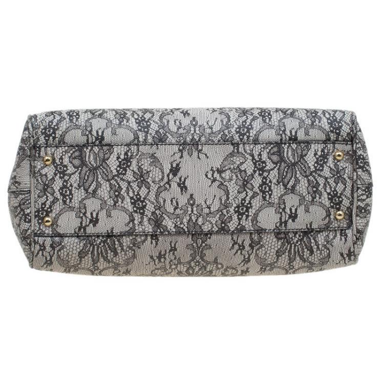 Pre Owned Dolce and Gabbana Grey Lace Print Leather Medium Miss Sicily Top Handle Bag