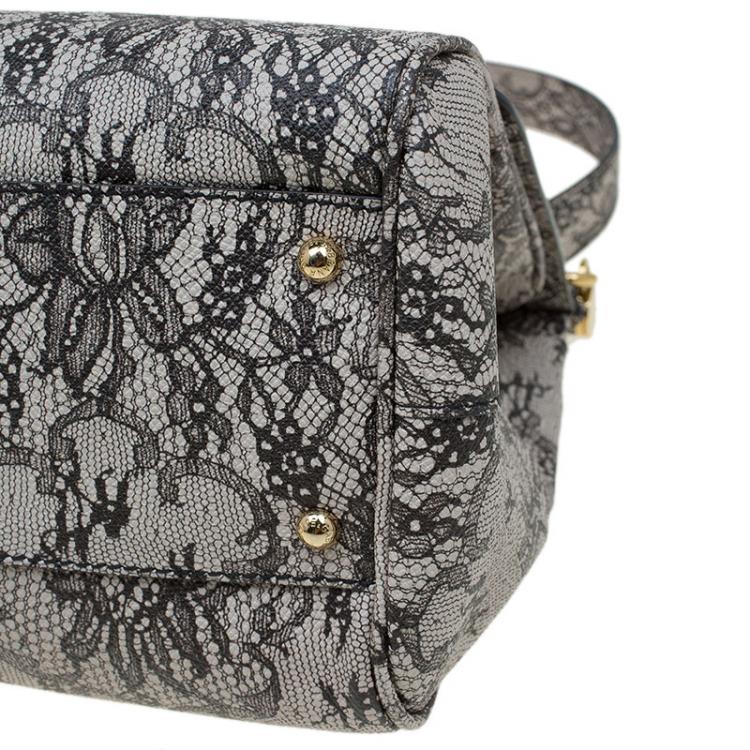 Pre Owned Dolce and Gabbana Grey Lace Print Leather Medium Miss Sicily Top Handle Bag