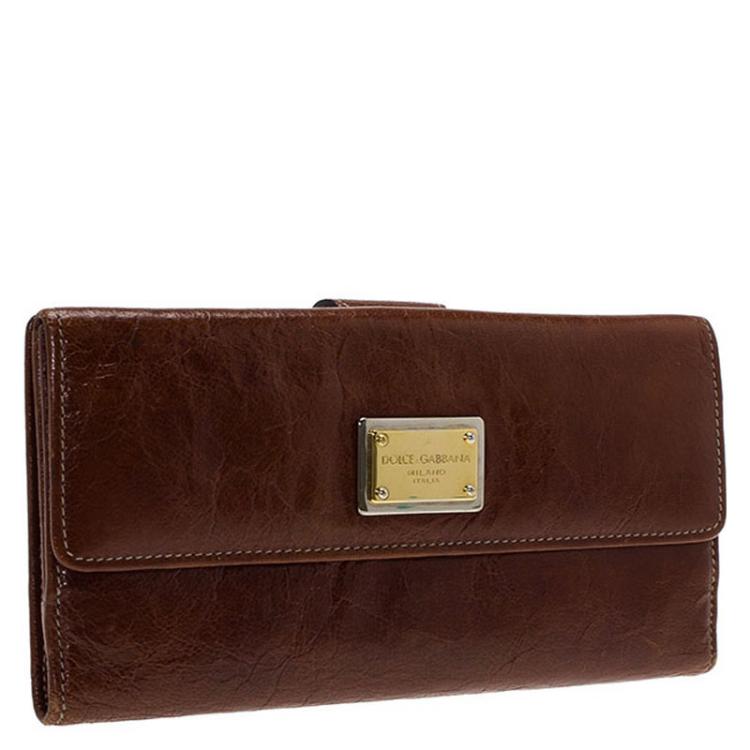 Pre Owned Dolce and Gabbana Brown Crackled Leather Trifold Long Wallet