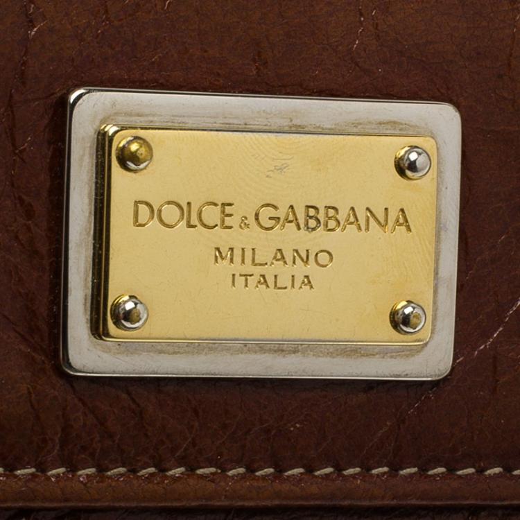 Pre Owned Dolce and Gabbana Brown Crackled Leather Trifold Long Wallet