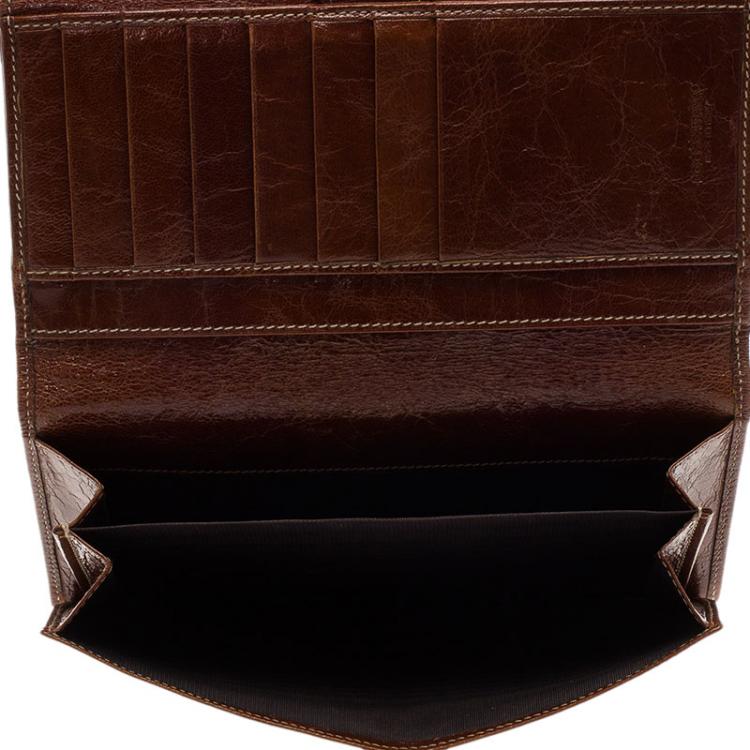 Pre Owned Dolce and Gabbana Brown Crackled Leather Trifold Long Wallet