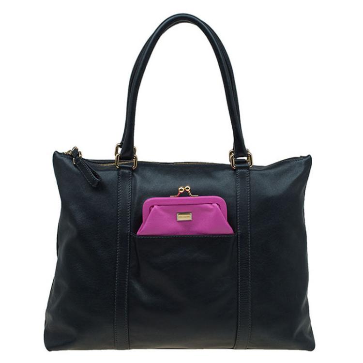 Pre Owned Dolce and Gabbana Black Leather Front Pouch Tote