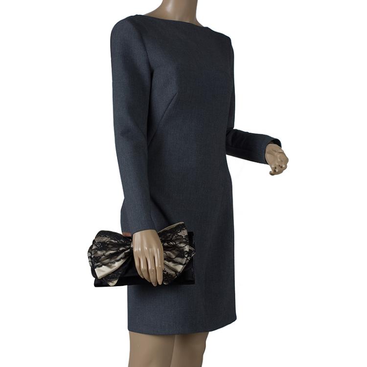 Pre Owned Dolce and Gabbana Black Satin Lace Bow Clutch