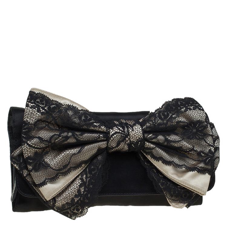 Pre Owned Dolce and Gabbana Black Satin Lace Bow Clutch