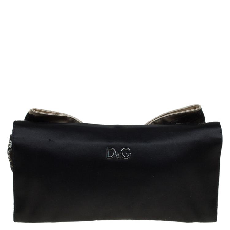 Pre Owned Dolce and Gabbana Black Satin Lace Bow Clutch
