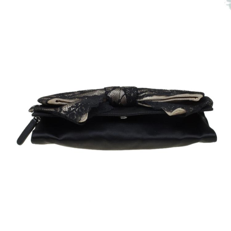 Pre Owned Dolce and Gabbana Black Satin Lace Bow Clutch