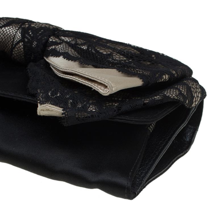 Pre Owned Dolce and Gabbana Black Satin Lace Bow Clutch