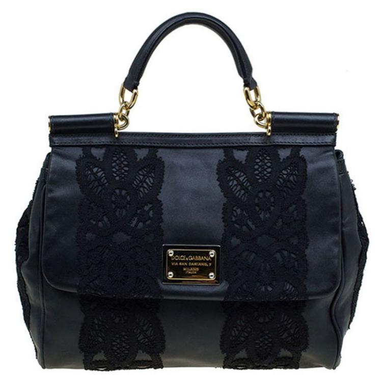 Dolce and Gabbana Black Lace and Leather Medium Miss Sicily