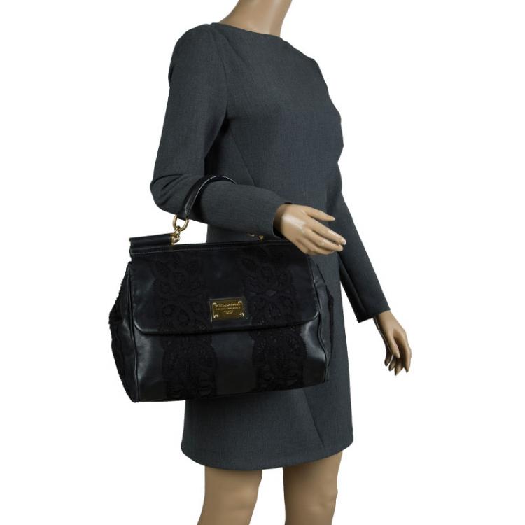 Pre Owned Dolce and Gabbana Black Lace and Leather Medium Miss Sicily Tote