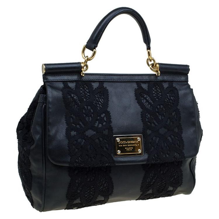 Pre Owned Dolce and Gabbana Black Lace and Leather Medium Miss Sicily Tote
