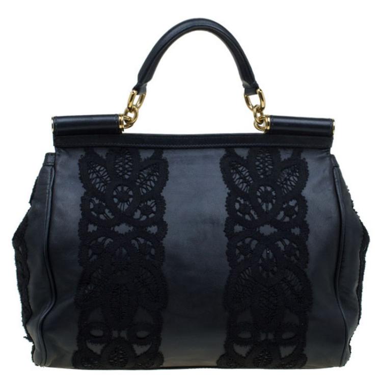 Pre Owned Dolce and Gabbana Black Lace and Leather Medium Miss Sicily Tote