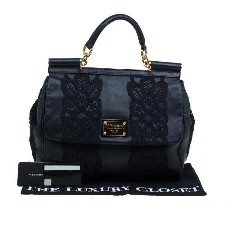 Pre Owned Dolce and Gabbana Black Lace and Leather Medium Miss Sicily Tote
