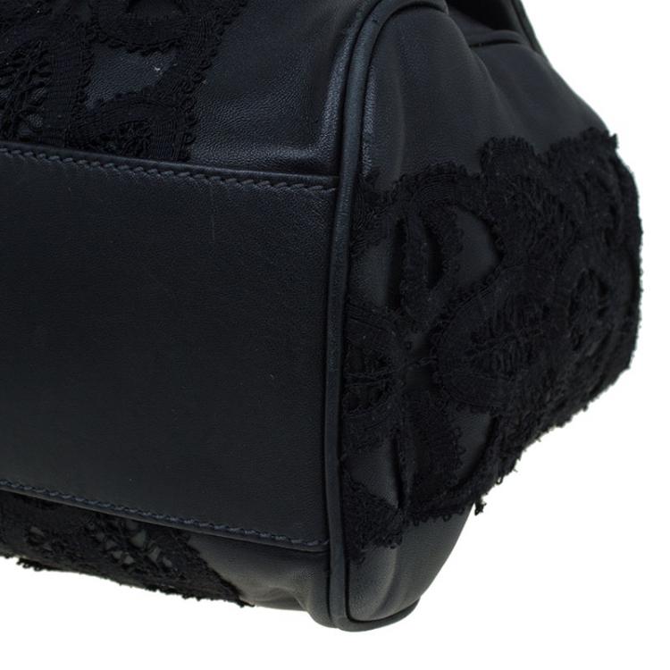Pre Owned Dolce and Gabbana Black Lace and Leather Medium Miss Sicily Tote