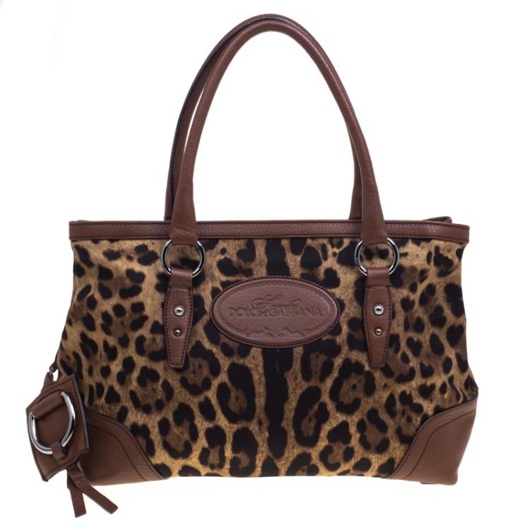 Pre Owned Dolce and Gabbana Brown Leopard Print Fabric and Leather Animalier Tote