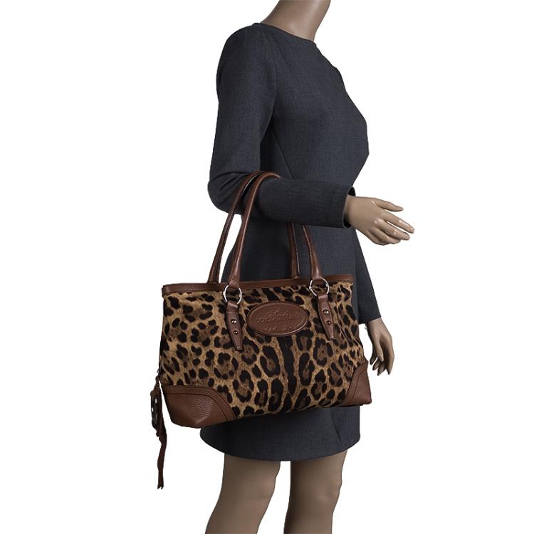 Pre Owned Dolce and Gabbana Brown Leopard Print Fabric and Leather Animalier Tote