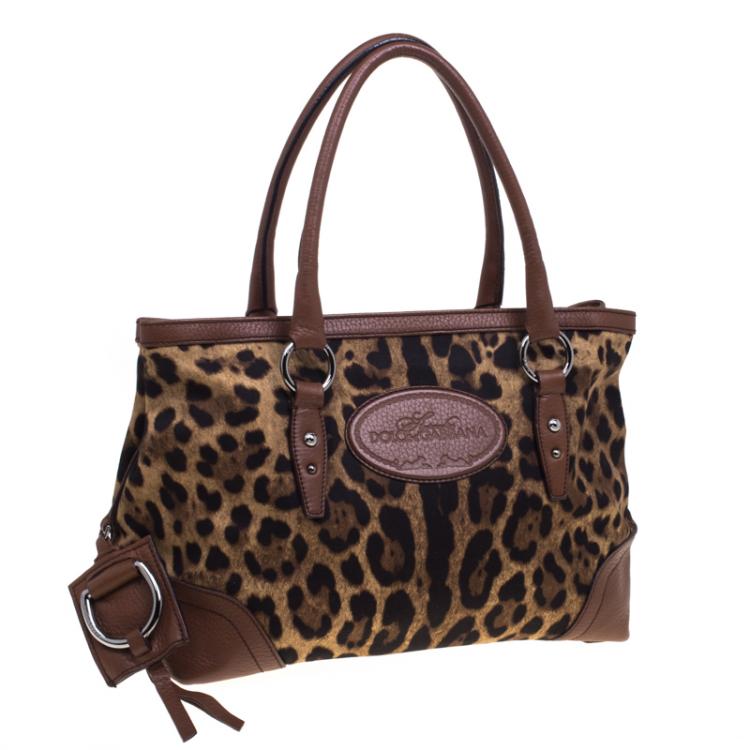 Pre Owned Dolce and Gabbana Brown Leopard Print Fabric and Leather Animalier Tote