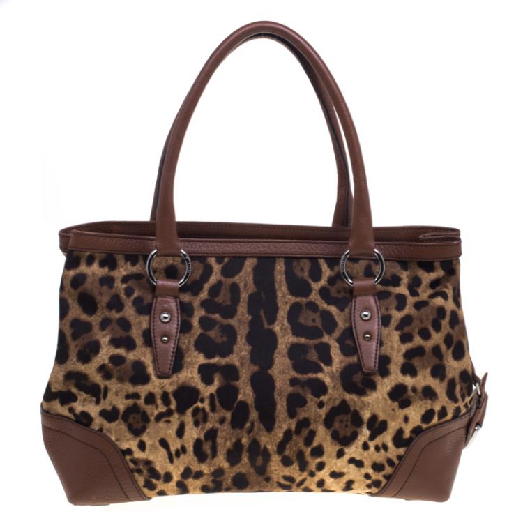 Pre Owned Dolce and Gabbana Brown Leopard Print Fabric and Leather Animalier Tote