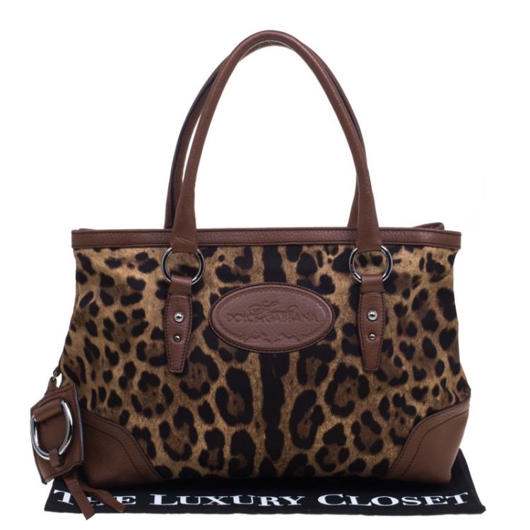 Pre Owned Dolce and Gabbana Brown Leopard Print Fabric and Leather Animalier Tote