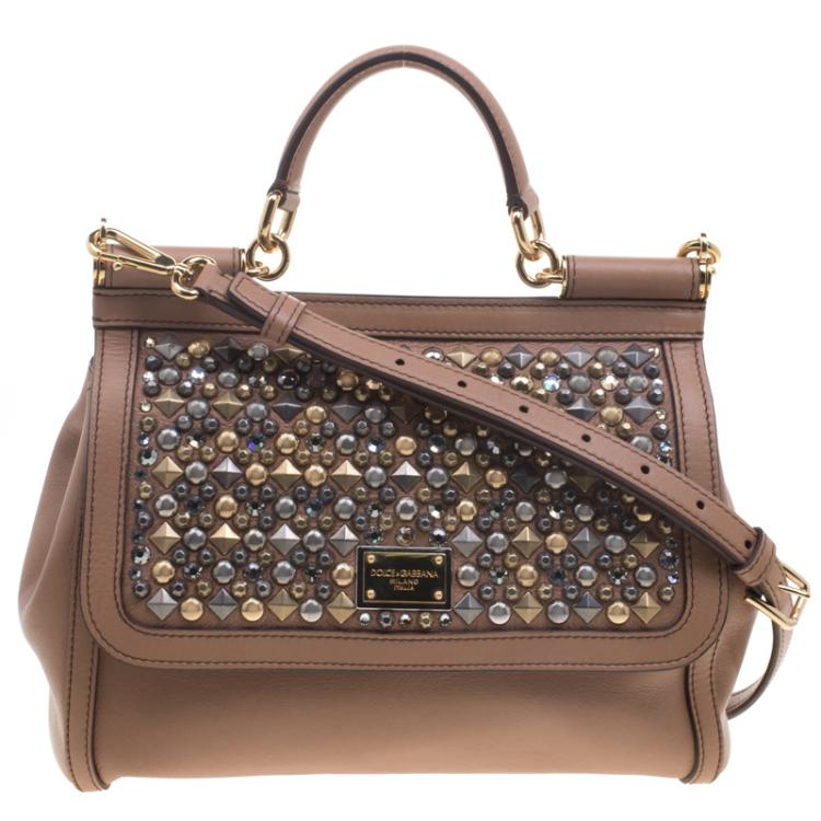 Pre Owned Dolce and Gabbana Brown Leather Medium Embellished Miss Sicily Top Handle