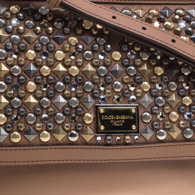 Pre Owned Dolce and Gabbana Brown Leather Medium Embellished Miss Sicily Top Handle
