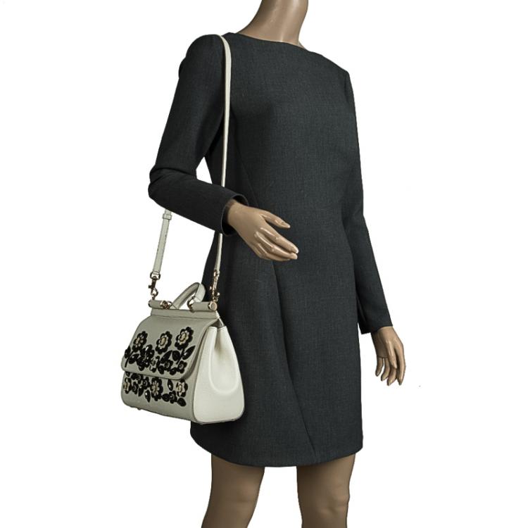 Pre Owned Dolce and Gabbana Off White Leather Medium Jewel Embellished Miss Sicily Top Handle Bag