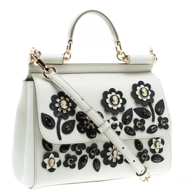Pre Owned Dolce and Gabbana Off White Leather Medium Jewel Embellished Miss Sicily Top Handle Bag