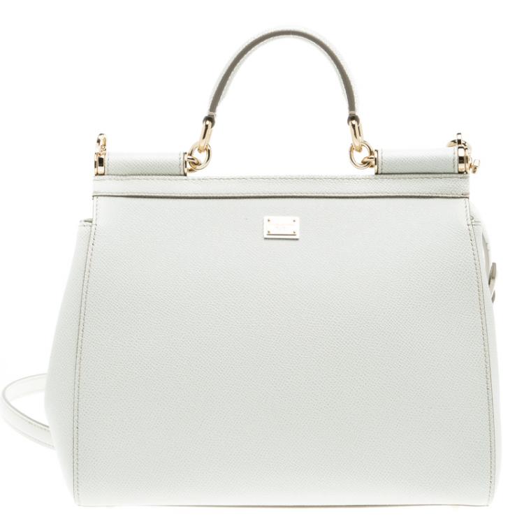 Pre Owned Dolce and Gabbana Off White Leather Medium Jewel Embellished Miss Sicily Top Handle Bag