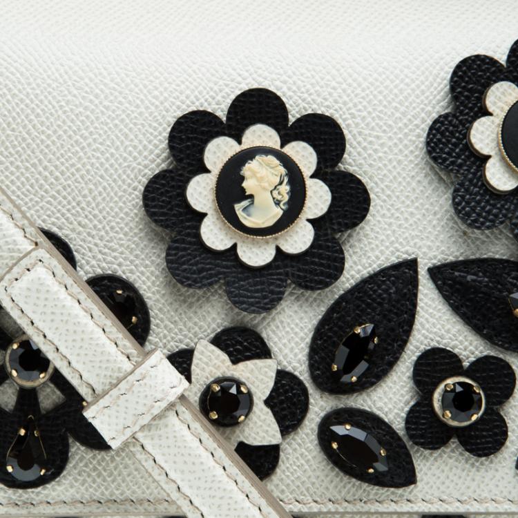 Pre Owned Dolce and Gabbana Off White Leather Medium Jewel Embellished Miss Sicily Top Handle Bag