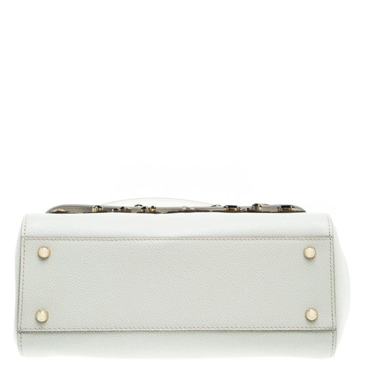 Pre Owned Dolce and Gabbana Off White Leather Medium Jewel Embellished Miss Sicily Top Handle Bag