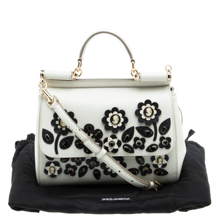 Pre Owned Dolce and Gabbana Off White Leather Medium Jewel Embellished Miss Sicily Top Handle Bag