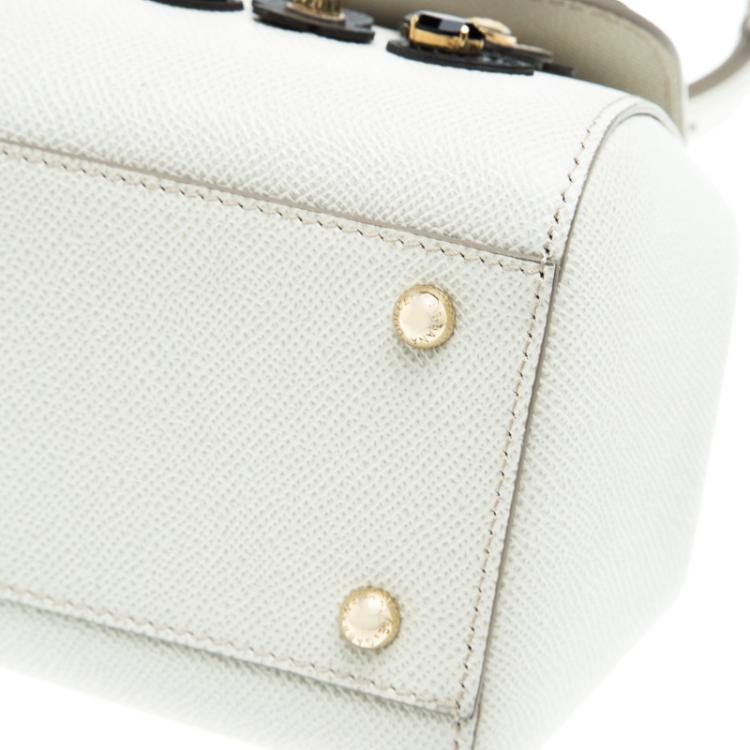 Pre Owned Dolce and Gabbana Off White Leather Medium Jewel Embellished Miss Sicily Top Handle Bag