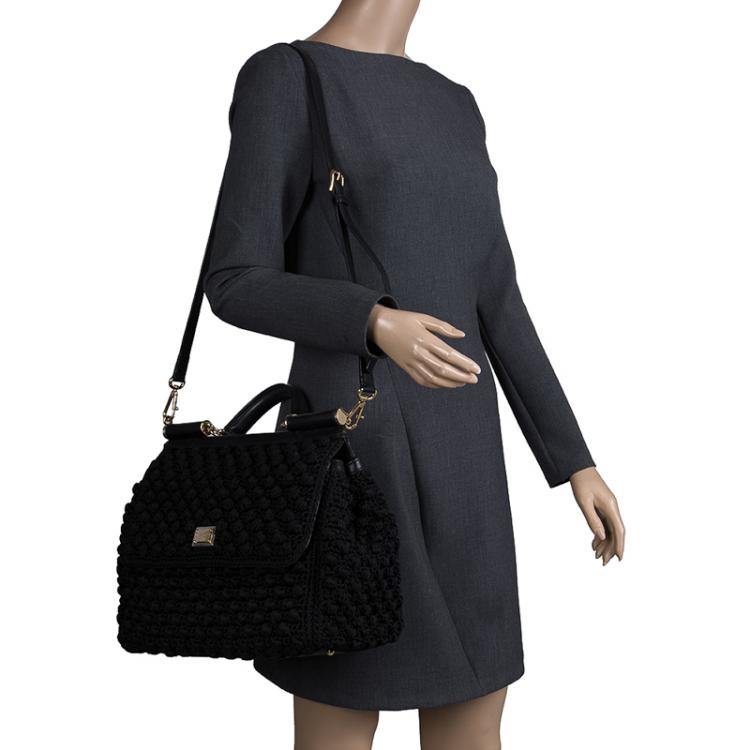 Pre Owned Dolce and Gabbana Black Crochet Miss Sicily Top Handle Bag